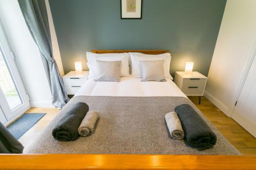 1 dormitorio con 1 cama grande y 2 almohadas en Tan y Bryn Bach en Llanllechid