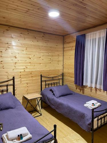 a bedroom with two beds in a log cabin at Punta-Racha in Ambrolauri