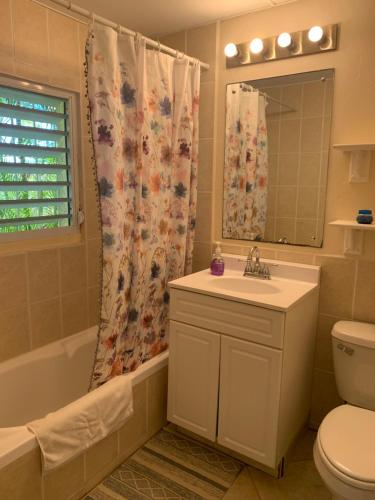 ein Badezimmer mit einem Waschbecken, einer Badewanne und einem WC in der Unterkunft Villa Belvedere - 5 minutes walk to the Beach in Dickenson Bay