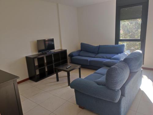 ein Wohnzimmer mit einem blauen Sofa und einem TV in der Unterkunft Precioso Dúplex con terraza Vut 47-91 