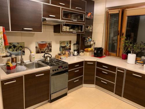 kuchnia z brązowymi szafkami i zlewem w obiekcie Pokój w Wilanowie w Warszawie