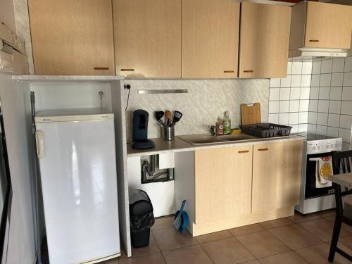 uma cozinha com um frigorífico branco em T1 en duplex em La Riche