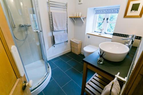 a bathroom with a sink and a shower and a toilet at Melvin Cottage in Beaumaris