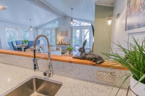 a kitchen counter with a statue of a rabbit sitting on a counter top at Gwynaeth Gwyn in Llanddona