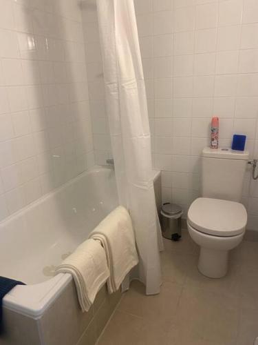 La salle de bains est pourvue de toilettes et d'une baignoire. dans l'établissement La Detourbe holiday Gite, à Beauvain