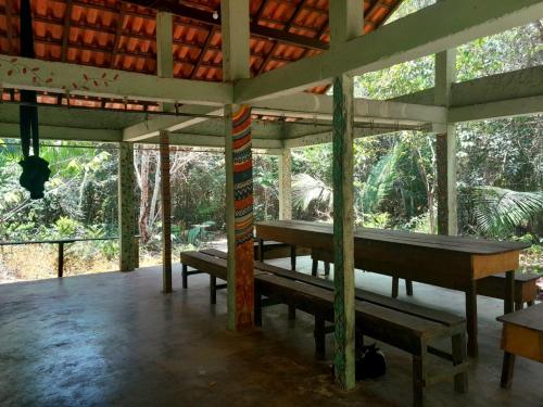 einen leeren Pavillon mit Bänken in einem Wald in der Unterkunft Quarto na floresta com saída no igarapé - Espaço Caminho das pedras in Alter do Chao