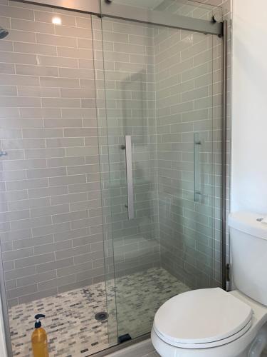 a bathroom with a glass shower with a toilet at Biscayne Garden's Studio in Miami