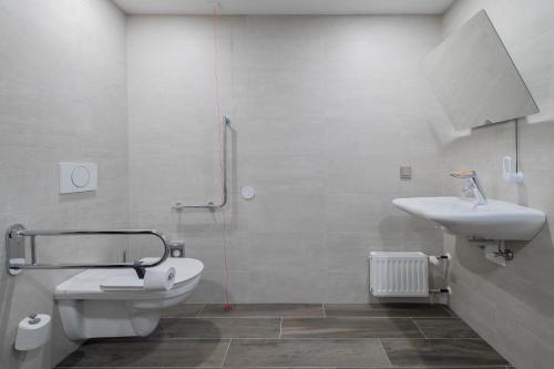 uma casa de banho com um lavatório e um WC em Hilton Garden Inn Wiener Neustadt em Wiener Neustadt