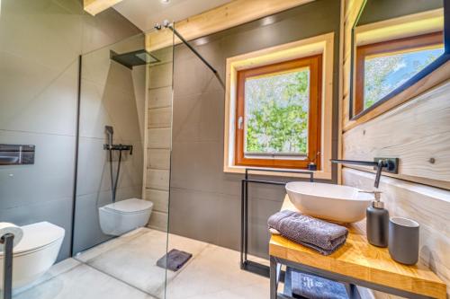 a bathroom with a sink and a shower and a toilet at Chalet Pine Tree in Zawoja