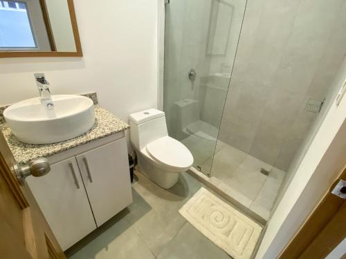 a bathroom with a toilet and a sink and a shower at Condominios Akira in Tamarindo