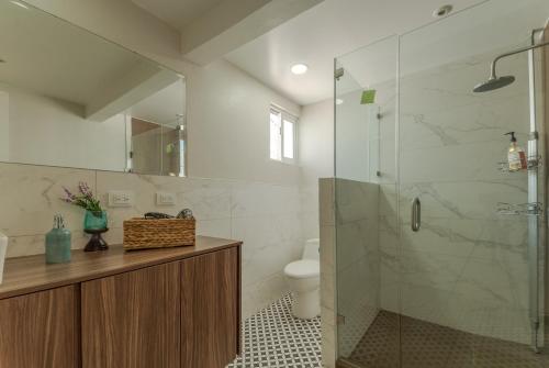 y baño con ducha de cristal y aseo. en Casa Elefante hermosa y Centrica, en Chihuahua