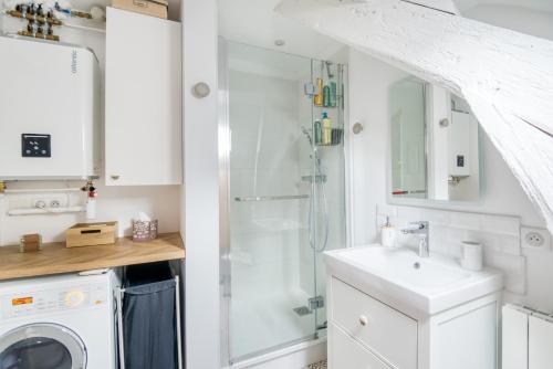 une salle de bain avec douche et lavabo et une machine à laver dans l'établissement Cocoon au coeur de Nantes, à Nantes