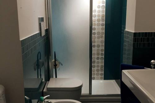 La salle de bains est pourvue d'une douche, de toilettes et d'un lavabo. dans l'établissement Loft con ampia terrazza a 500 MT da Piazza Bovio., à Piombino