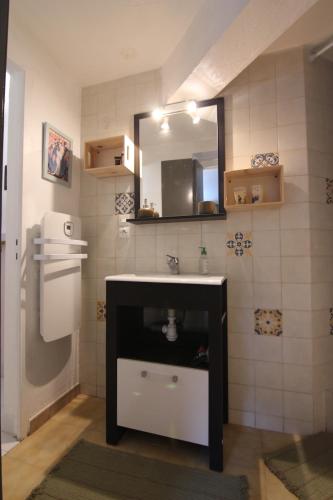 une salle de bain avec un lavabo et un miroir dans l'établissement joli studio indépendant avec kitchenette, à Sauveterre