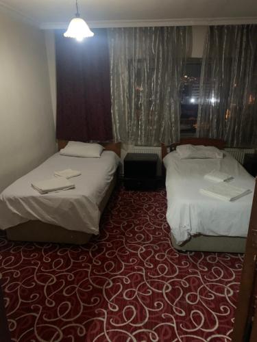 Altunlar erkek ögrenci yurdu في Altındağ: سريرين في غرفة الفندق مع سجادة حمراء