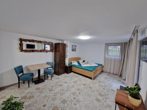 Un dormitorio con una cama, un escritorio y una mesa. en Bran Studio, en Bran