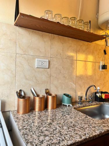 a kitchen counter with utensils and a sink at Wara in Cafayate