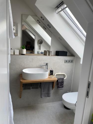 a bathroom with a sink and a toilet at Ferienwohnung Lagedeich in Sudermarsch