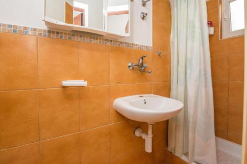 La salle de bains est pourvue d'un lavabo et d'un rideau de douche. dans l'établissement Apartment Emina, à Batalaži