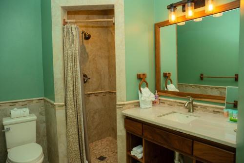 a bathroom with a shower and a toilet and a sink at Large Ocean Front Home Close to Village - Surfside Gecko in Seine Bight Village