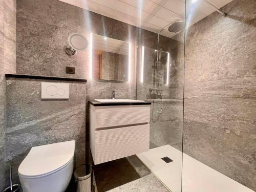 a bathroom with a toilet and a glass shower at Chalet moderne 4 pers avec terrasse, mezzanine et parking - FR-1-505-186 in Crest-Voland
