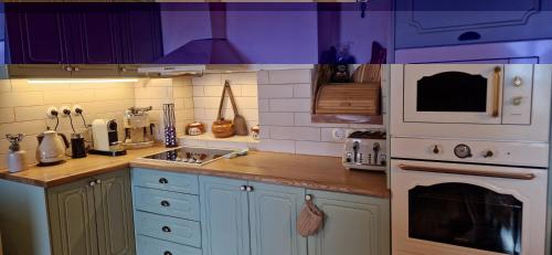 a kitchen with blue cabinets and white appliances at Archontiko Mansion Porteli Αρχοντικο Πορτελι in Makrinítsa