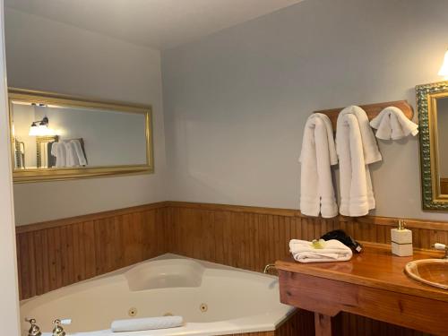 a bathroom with a tub and a sink and a mirror at The Cottage at 241 North in St. George