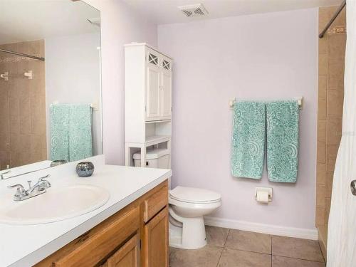 La salle de bains blanche est pourvue d'un lavabo et de toilettes. dans l'établissement Charming Vintage Haven, à Tarpon Springs