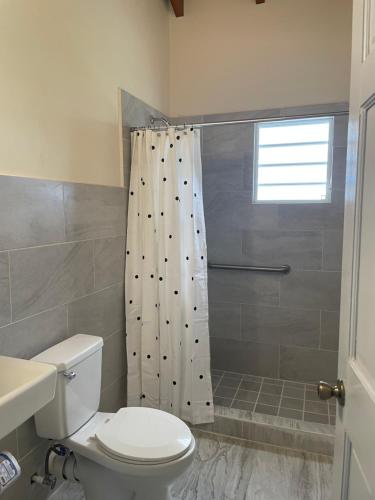 a bathroom with a toilet and a shower curtain at Poinciana Villas in Woods