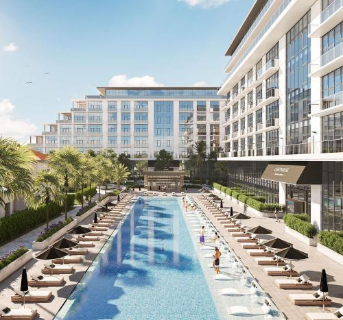a rendering of a resort pool with lounge chairs and a building at Lighthouse, Sea Breeze in Baku