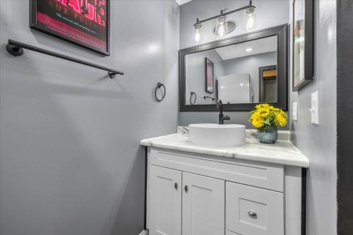 La salle de bains est pourvue d'un lavabo et d'un miroir. dans l'établissement Zionsville Historical Retreat, à Zionsville