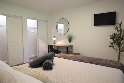 a bedroom with a bed and a mirror and a desk at 5-BR Serene Retreat Near CLE* Dogs welcome! in Berea