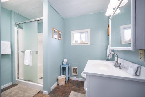 une salle de bain bleue avec un lavabo et une douche dans l'établissement Serenity Cottage, à Rockaway Beach