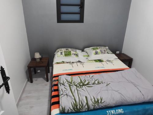 a bed with two pillows on it in a bedroom at studio meublé près de la mare à joncs in Cilaos