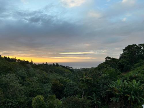 uma vista para uma colina arborizada com o pôr-do-sol ao fundo em Cozy hills studio em Faaa
