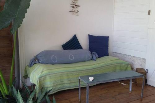 大博格LE ZAYENN gîte côté canne的一张带蓝色枕头的床和一张桌子