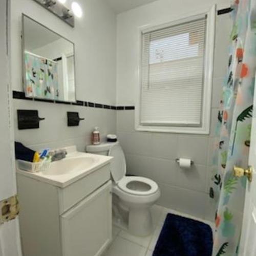 a bathroom with a toilet and a sink and a window at Lovely one Bedroom in Washington