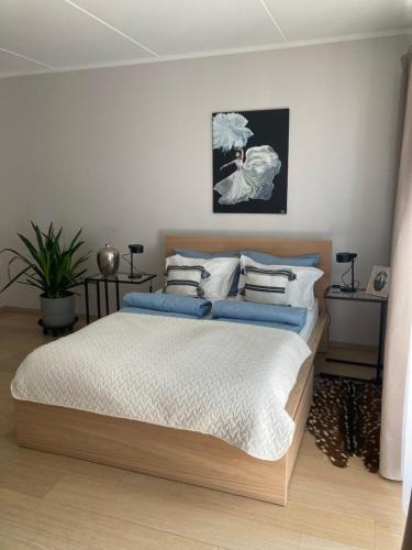 a bedroom with a large bed with blue pillows at Apartment Upeņu in Rīga