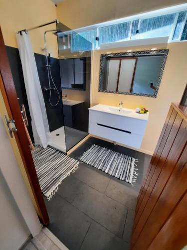 bagno con doccia, lavandino e specchio di Fare Juanita Piti a Opoa