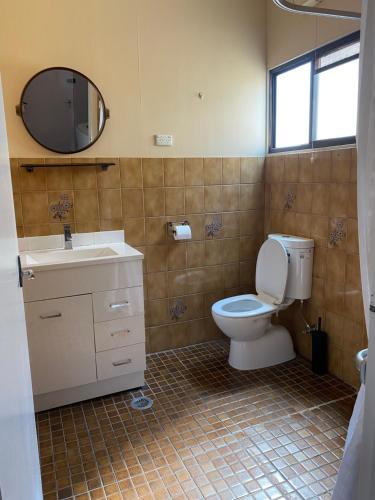 布羅肯希爾的住宿－The little white box，一间带卫生间、水槽和镜子的浴室