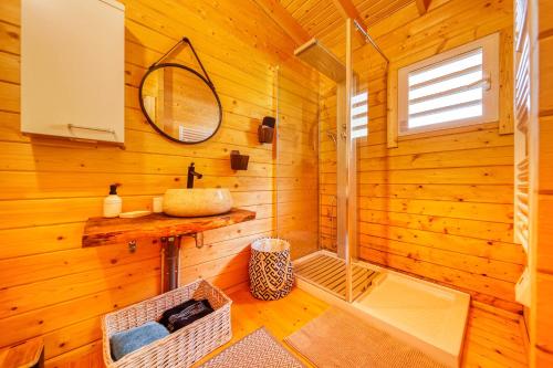W łazience znajduje się umywalka i lustro. w obiekcie Le cottage w mieście La Plaine-des-Palmistes
