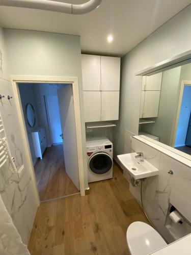 uma casa de banho com uma máquina de lavar roupa e um lavatório em Apartment Fontanu Namai em Vilnius