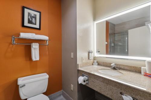 a bathroom with a toilet and a sink and a mirror at Holiday Inn Hotel & Suites Slidell by IHG in Slidell