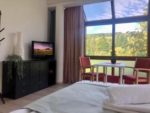 a bedroom with a television and a table and chairs at RhönZeit Apartements und Zimmer in Hilders