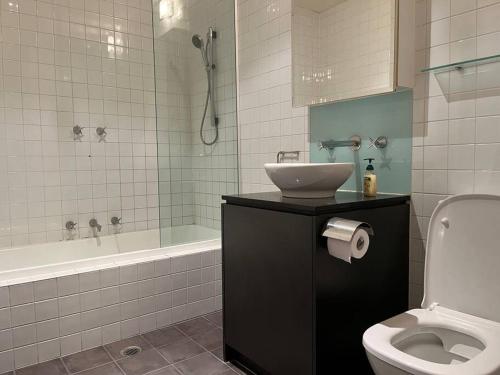 a bathroom with a sink and a toilet and a tub at Spacious, Central 2 QB Melbourne CBD Apt near Flinders Stn, Town Hall in Melbourne