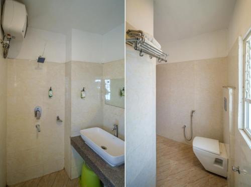 two pictures of a bathroom with a sink and a toilet at Parnil Palace in Guwahati