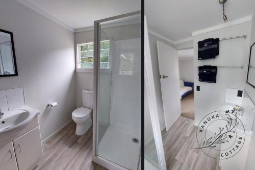 a bathroom with a shower and a toilet and a sink at Kanuka Cottage in Whitianga