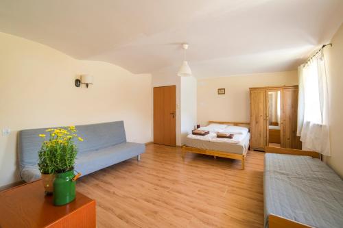 salon z niebieską kanapą i łóżkiem w obiekcie Apartament Wielka Sowa w mieście Głuszyca Górna