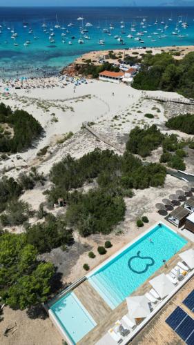 an aerial view of a beach and a swimming pool at Hotel Cala Saona & Spa in Cala Saona