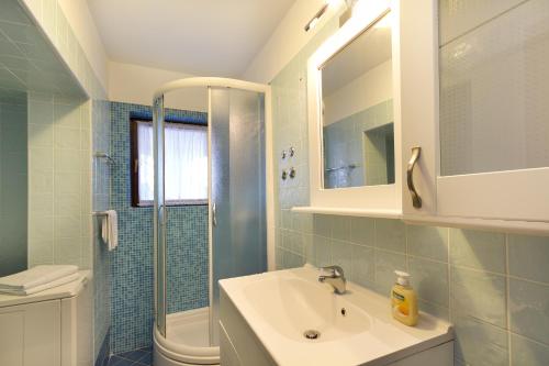 a bathroom with a sink and a shower and a toilet at Apartments Rajkovic in Labin